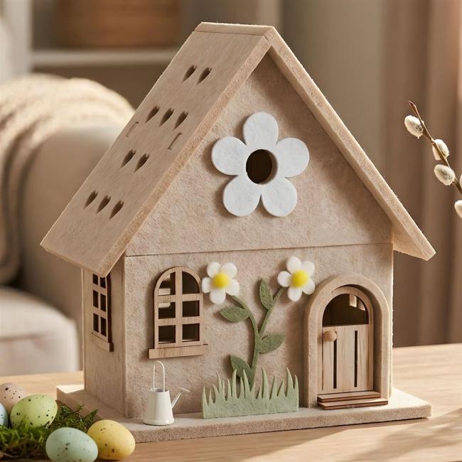 Dekofigur "Haus" aus Filz, beige, 24 cm hoch, Filzhaus, Dekohaus, Frühlingsdeko, Deko-Häuschen