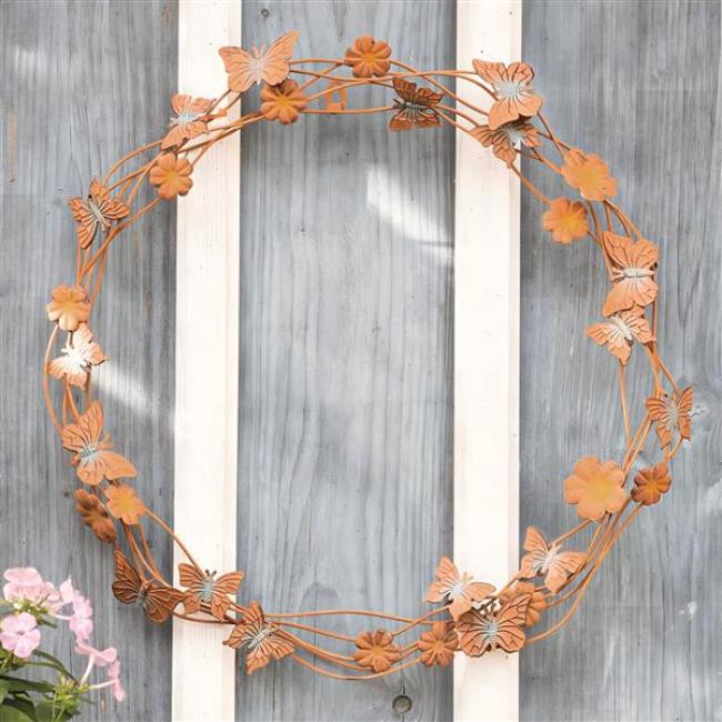 Preview: Wandkranz "Blumen und Schmetterlinge" aus Metall mit Rost Finish, Ø 42 cm groß, Türkranz, Outdoor Deko-Kranz
