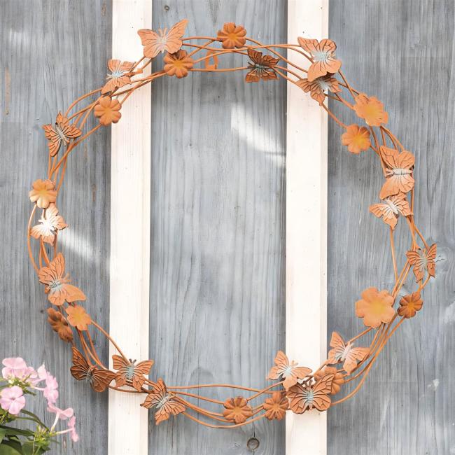 Wandkranz "Blumen und Schmetterlinge" aus Metall mit Rost Finish, Ø 42 cm groß, Türkranz, Outdoor Deko-Kranz