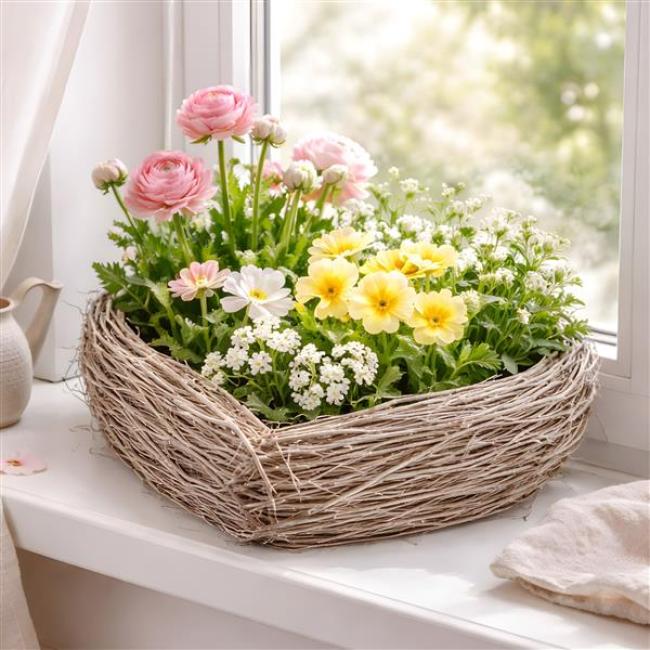 Preview: Pflanzschale "Herz" aus Weide & Reisig, grau, Pflanzkorb Ø 35 cm, rustikales Pflanzgefäß in Herzform, Blumenkorb, Pflanztopf, Balkon & Gartendeko