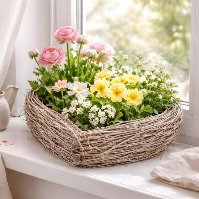 Pflanzschale "Herz" aus Weide & Reisig, grau, Pflanzkorb Ø 35 cm, rustikales Pflanzgefäß in Herzform, Blumenkorb, Pflanztopf, Balkon & Gartendeko