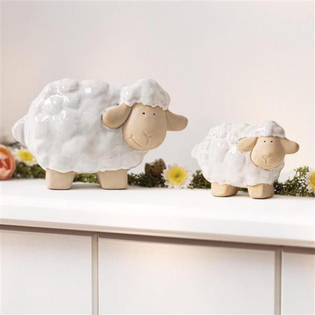 Preview: 2x Dekofigur "Schäfchen" aus Porzellan, beige / weiß, Deko Schaf & Lamm, Osterdeko, kleine Osterfiguren