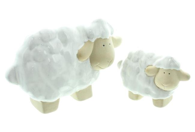 Preview: 2x Dekofigur "Schäfchen" aus Porzellan, beige / weiß, Deko Schaf & Lamm, Osterdeko, kleine Osterfiguren