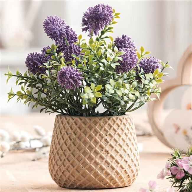 Preview: Kunstpflanze "Allium" im Topf, Kunstblume 18 cm hoch, künstliche Pflanze wie echt, Zierlauch mit Blüten in lila