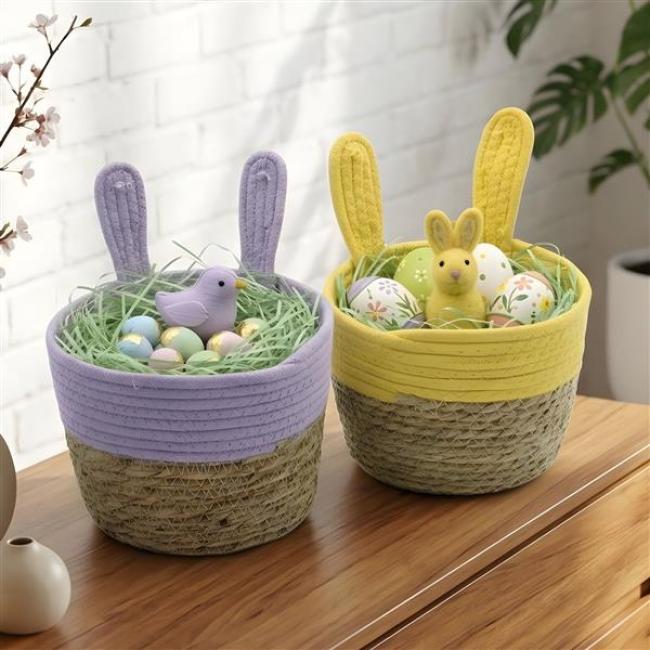 Preview: 2x Osterkorb "Hasenöhrchen" aus Seegras, Ø 20 x 15 cm, Pflanzkorb, Osternest, Geschenkkörbchen