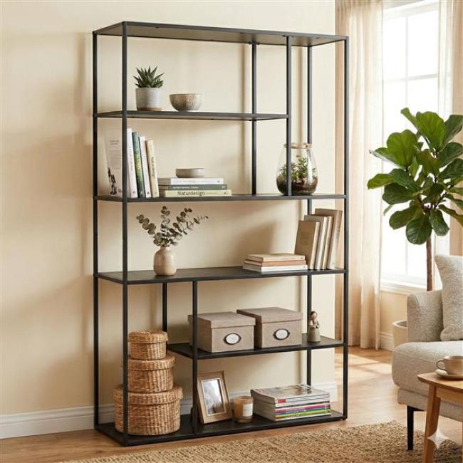 Preview: Regal "Classico" Bücherregal aus Metall, schwarz, Wohnzimmer Deko-Regal, Standregal, 6 Ebenen, 90 x 30 x 160 cm, Blumenrgal, Büroregal
