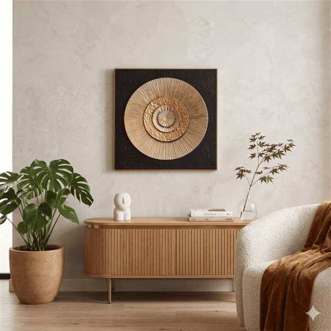 Preview: 3D Wanddeko "Golden Circle" aus Metall, gold & schwarz, 56x56 cm, Metallbild, Wandbild, Wandschmuck
