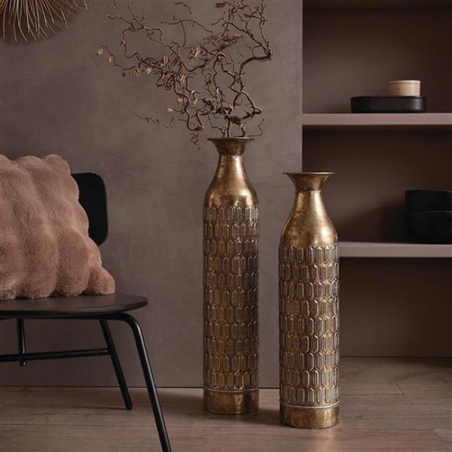 Preview: 2x Bodenvase "Gold" aus Metall, schlank, 63 & 72 cm groß, XL Vase, Deko Blumenvase