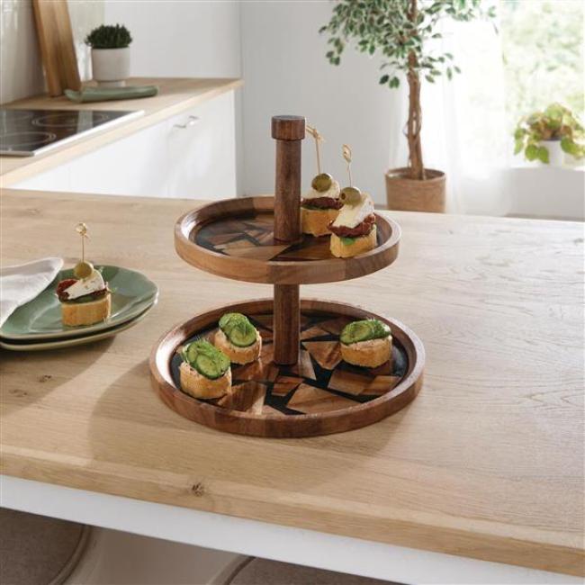 Preview: Etagere "Akazie" aus Holz 2 Etagen, mit Griff, Servierplatte für Obst & Gebäck, Cupcake Ständer