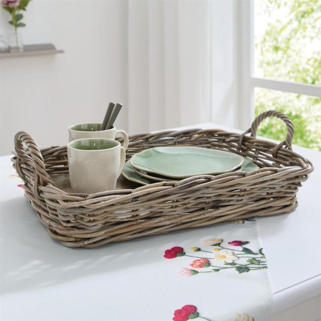 großes Tablett "Koboo Grey" aus Rattan, grau, mit Griffen, 50x35 cm, Serviertablett, Korbtablett rechteckig, Kaffeetablett