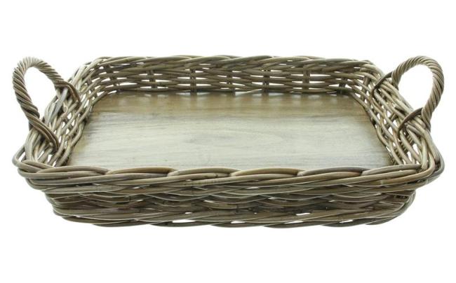 Preview: großes Tablett "Koboo Grey" aus Rattan, grau, mit Griffen, 50x35 cm, Serviertablett, Korbtablett rechteckig, Kaffeetablett