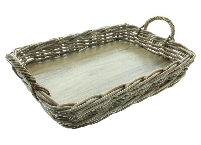 Preview: großes Tablett "Koboo Grey" aus Rattan, grau, mit Griffen, 50x35 cm, Serviertablett, Korbtablett rechteckig, Kaffeetablett