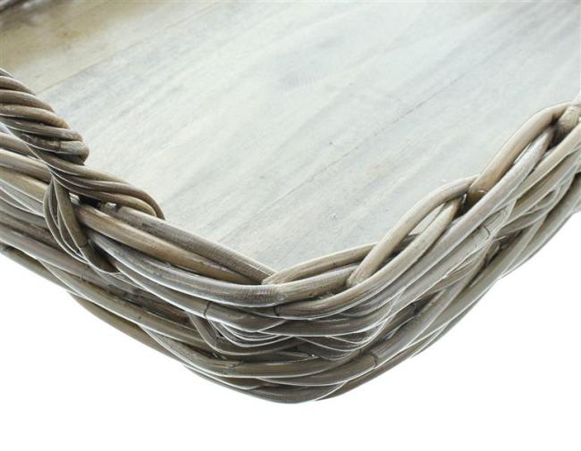 großes Tablett "Koboo Grey" aus Rattan, grau, mit Griffen, 50x35 cm, Serviertablett, Korbtablett rechteckig, Kaffeetablett
