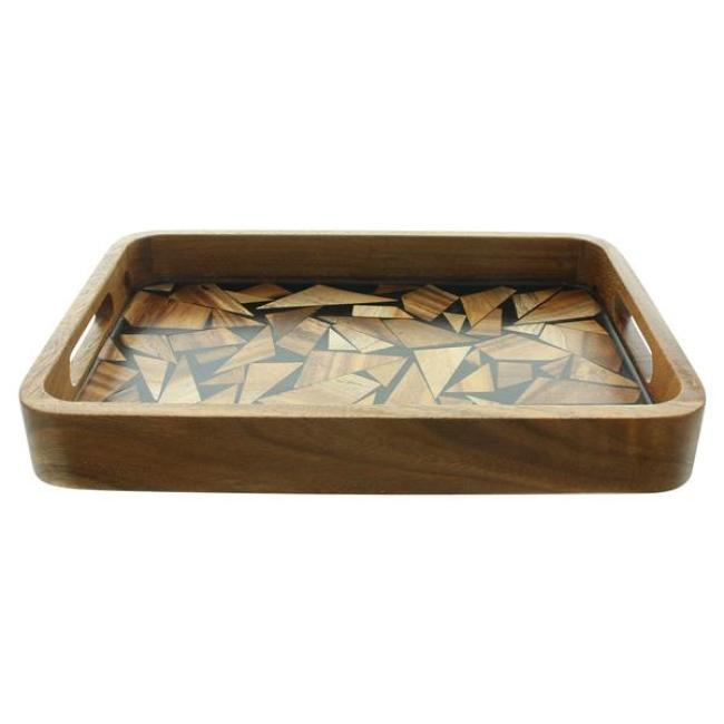 Preview: Tablett "Akazie" aus Holz mit Rand & Griffen, 35x25 cm, Serviertablett, Holztablett rechteckig, Kaffeetablett