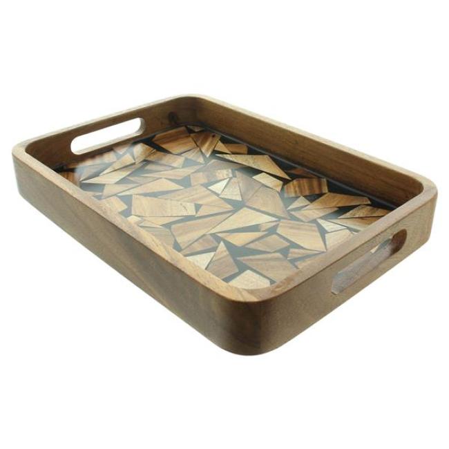 Preview: Tablett "Akazie" aus Holz mit Rand & Griffen, 35x25 cm, Serviertablett, Holztablett rechteckig, Kaffeetablett