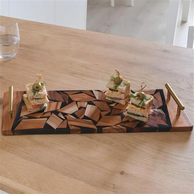 Preview: Tablett "Akazie" aus Holz mit Griffen in Messing, 43x15 cm, Serviertablett, Holztablett rechteckig, Kaffeetablett