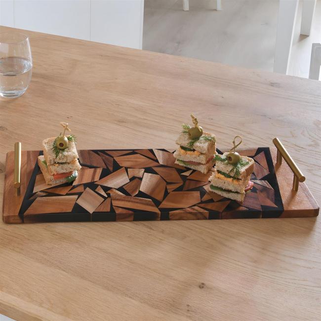Tablett "Akazie" aus Holz mit Griffen in Messing, 43x15 cm, Serviertablett, Holztablett rechteckig, Kaffeetablett