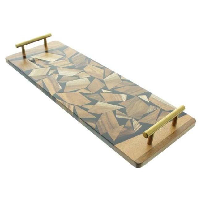 Preview: Tablett "Akazie" aus Holz mit Griffen in Messing, 43x15 cm, Serviertablett, Holztablett rechteckig, Kaffeetablett
