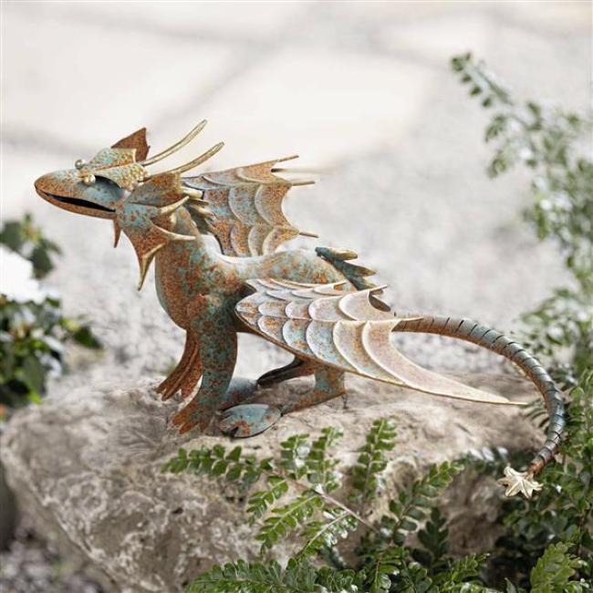 Preview: Figur "Drache" aus Metall blau / gold mit Rost Finish, Gartenfigur 38x38x26 cm, Outdoor Gartendeko für Draußen