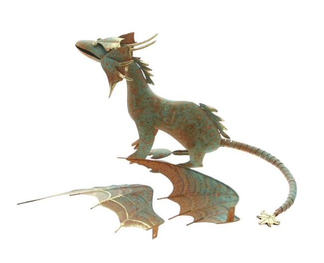 Figur "Drache" aus Metall blau / gold mit Rost Finish, Gartenfigur 38x38x26 cm, Outdoor Gartendeko für Draußen