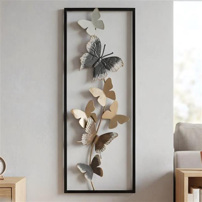 Preview: 3D Wanddeko "Schmetterlinge" aus Metall, schwarz & gold, 20x50 cm, Wandbild, Wandschmuck, Metallbild