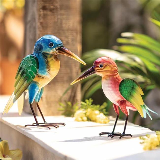 Preview: 2x Dekofigur "Vogel" aus Metall, bunt, Gartendeko für Draußen, Outdoor Deko Figur für Balkon, Terrasse & Garten