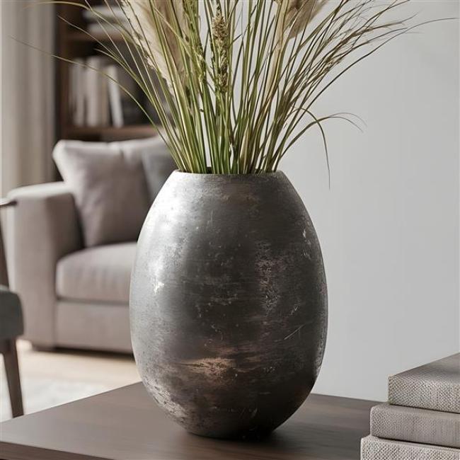 Preview: Dekovase "Antik" aus Metall, grau / gold, Blumenvase 24 cm hoch, Tischvase für Trockenblumen, Zweige & Äste, Vase