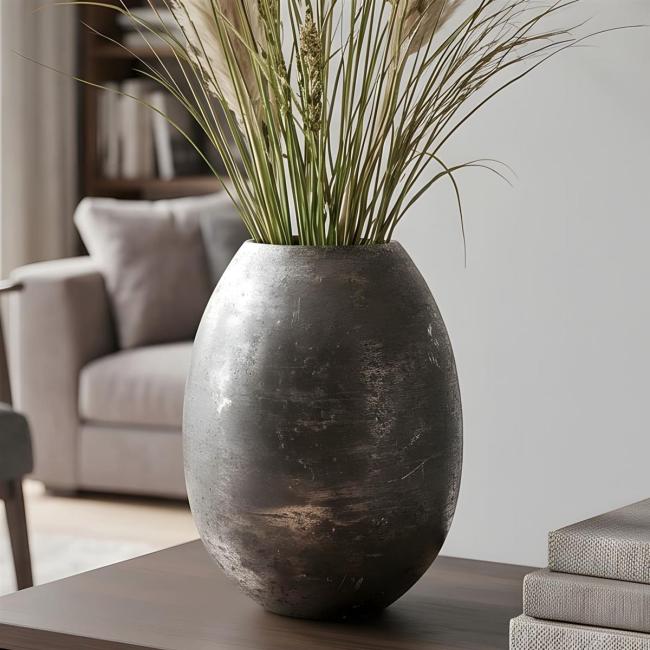 Dekovase "Antik" aus Metall, grau / gold, Blumenvase 24 cm hoch, Tischvase für Trockenblumen, Zweige & Äste, Vase