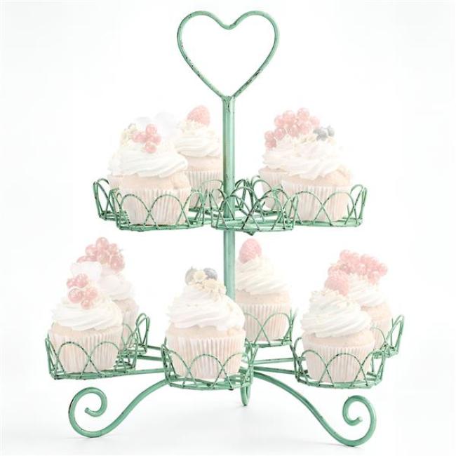 Preview: Cupcake Etagere "Vintage" aus Metall, grün mit Antik Finish, Muffin Ständer, 2 Etagen für 12 Törtchen