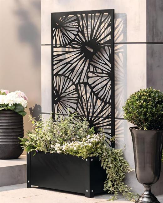 Pflanzkasten mit Rankgitter aus Metall, schwarz, 60x24x24 cm, mit Rankhilfe 122 cm hoch, Blumenkasten mit Spalier, Hochbeet mit Sichtschutz