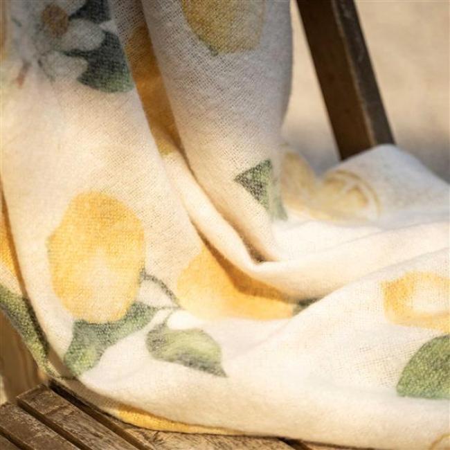 Preview: dünne Sommerdecke "Lemon" beige mit Zitronen Motiv, Kuscheldecke 130x160 cm, Sofadecke, Couchdecke