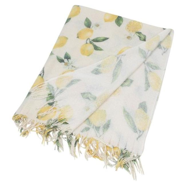 dünne Sommerdecke "Lemon" beige mit Zitronen Motiv, Kuscheldecke 130x160 cm, Sofadecke, Couchdecke
