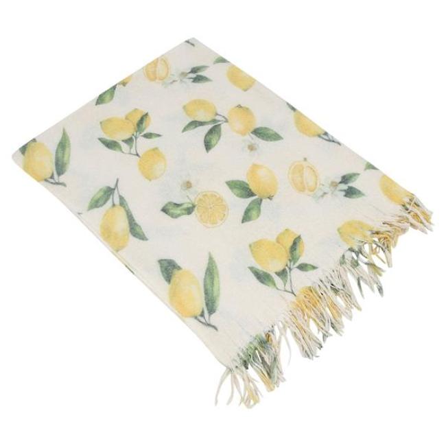 dünne Sommerdecke "Lemon" beige mit Zitronen Motiv, Kuscheldecke 130x160 cm, Sofadecke, Couchdecke