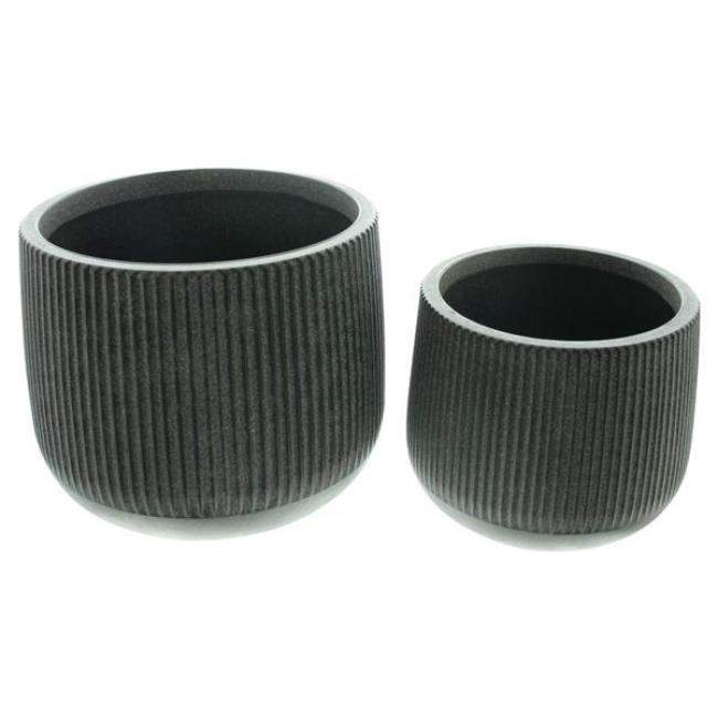Preview: 2x Übertopf "Rillen" aus Kunststoff, schwarz, Blumentopf rund, Ø 13 + 17 cm, Indoor & Outdoor Blumenkübel, Pflanzentopf
