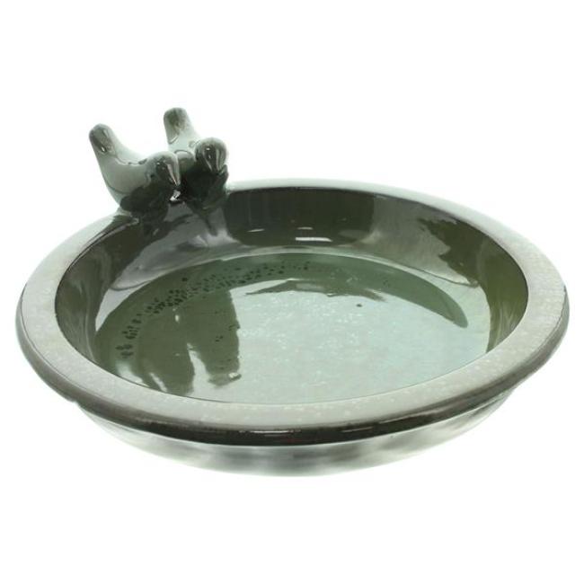 Preview: Vogeltränke "Oliv" aus Terracotta, grün glasiert, Vogelbad, rund Ø 30 cm, Wasserschale, Wassertränke