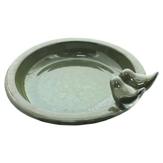Preview: Vogeltränke "Oliv" aus Terracotta, grün glasiert, Vogelbad, rund Ø 30 cm, Wasserschale, Wassertränke