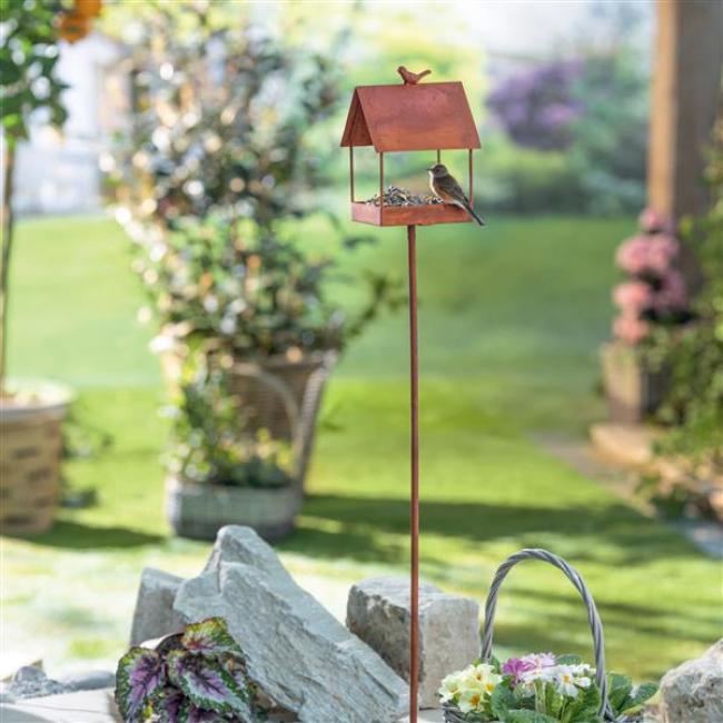 Preview: Rost Gartenstecker "Vogelhaus" aus Metall mit Edelrost, Vogelhäuschen, Vogelfutterhaus, Futterhaus
