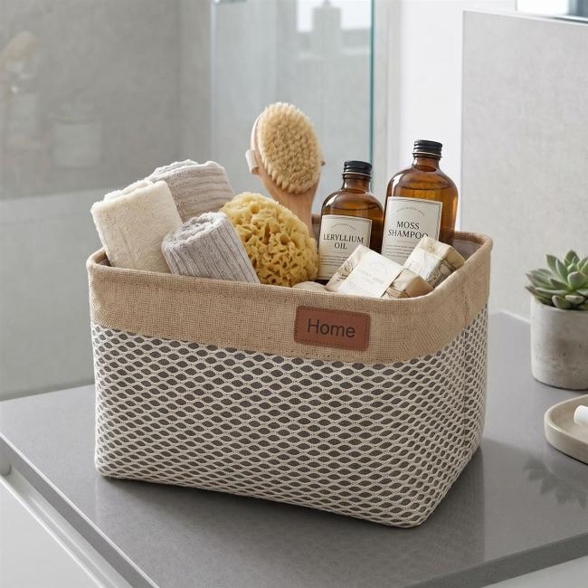 Aufbewahrungskorb "Home" Stoffkorb grün mit Häkelmuster, Bad Körbchen, Aufbewahrungsbox, Korb für Wohnzimmer, Küche, Badezimmer