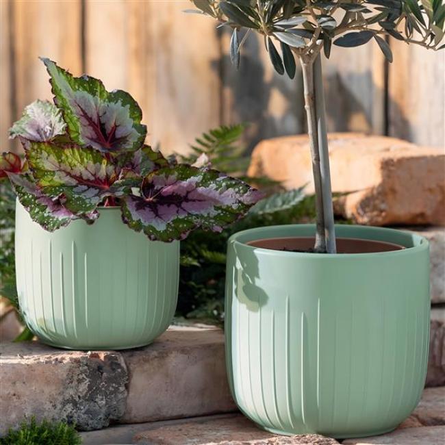 Preview: 2x Blumentopf "Mint" aus Dolomitstein, grün, Pflanztopf rund, Ø 14 + 17 cm, Indoor & Outdoor Blumenkübel, Pflanzentopf