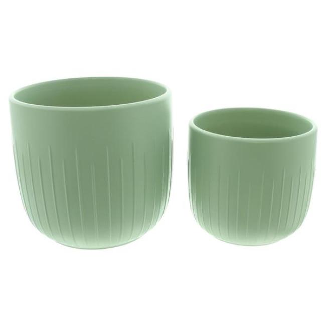 Preview: 2x Blumentopf "Mint" aus Dolomitstein, grün, Pflanztopf rund, Ø 14 + 17 cm, Indoor & Outdoor Blumenkübel, Pflanzentopf
