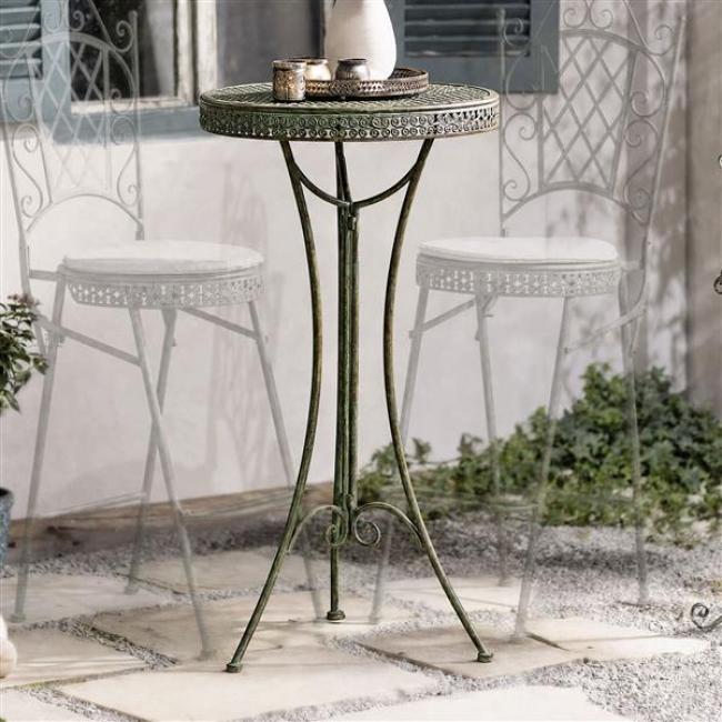 Preview: Stehtisch "Ornamente" aus Metall, mint-grün mit Rost Effekten, hoher Gartentisch, Bistrotisch