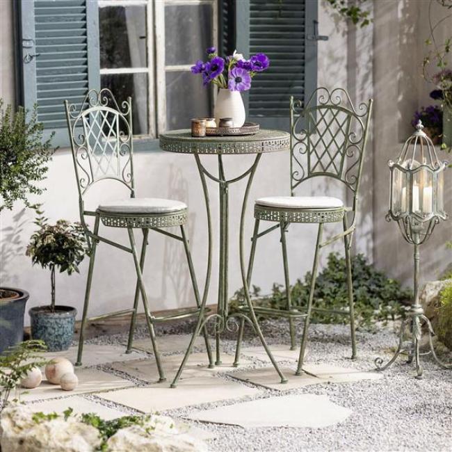 Preview: Stehtisch "Ornamente" aus Metall, mint-grün mit Rost Effekten, hoher Gartentisch, Bistrotisch