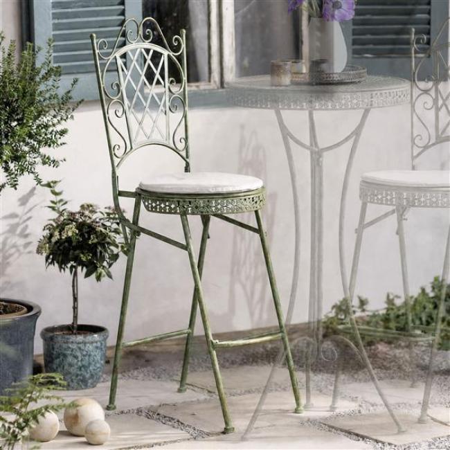 Preview: Klappstuhl "Ornamente" aus Metall, mint-grün mit Rost Effekten, hoher Gartenstuhl, Barstuhl, Bistrostuhl