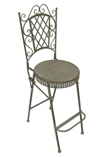Preview: Klappstuhl "Ornamente" aus Metall, mint-grün mit Rost Effekten, hoher Gartenstuhl, Barstuhl, Bistrostuhl