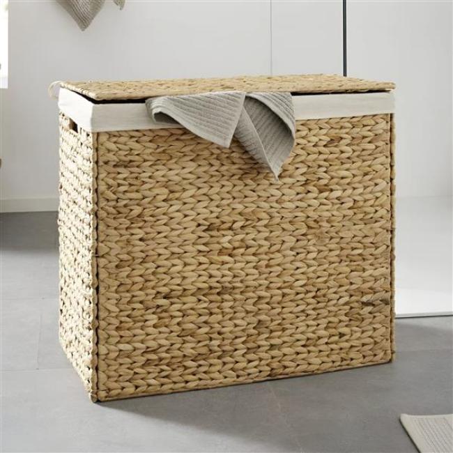 Preview: Wäschekorb mit Deckel, faltbar, 2 Fächer, Wäschesammler aus Wasserhyazinthe geflochten, Wäschebox, herausnehmbarer Wäschesack aus Baumwolle