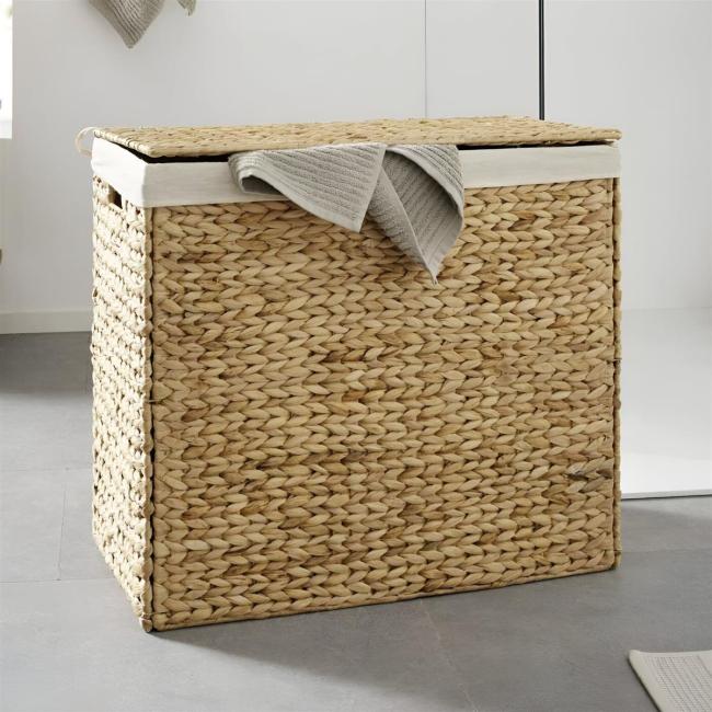 Wäschekorb mit Deckel, faltbar, 2 Fächer, Wäschesammler aus Wasserhyazinthe geflochten, Wäschebox, herausnehmbarer Wäschesack aus Baumwolle