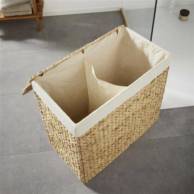 Preview: Wäschekorb mit Deckel, faltbar, 2 Fächer, Wäschesammler aus Wasserhyazinthe geflochten, Wäschebox, herausnehmbarer Wäschesack aus Baumwolle