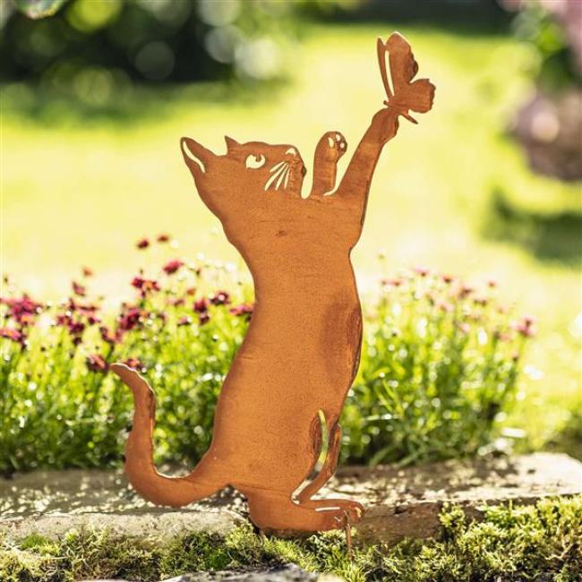 Preview: Gartenstecker "Katze" aus Metall mit Rost Finish, 48 cm hoch, Dekostecker wetterfest, Outdoor Gartendeko, Roststecker