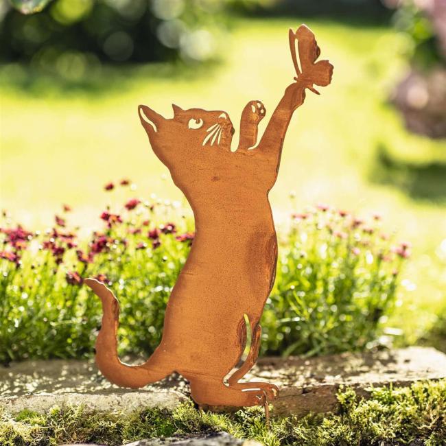 Gartenstecker "Katze" aus Metall mit Rost Finish, 48 cm hoch, Dekostecker wetterfest, Outdoor Gartendeko, Roststecker