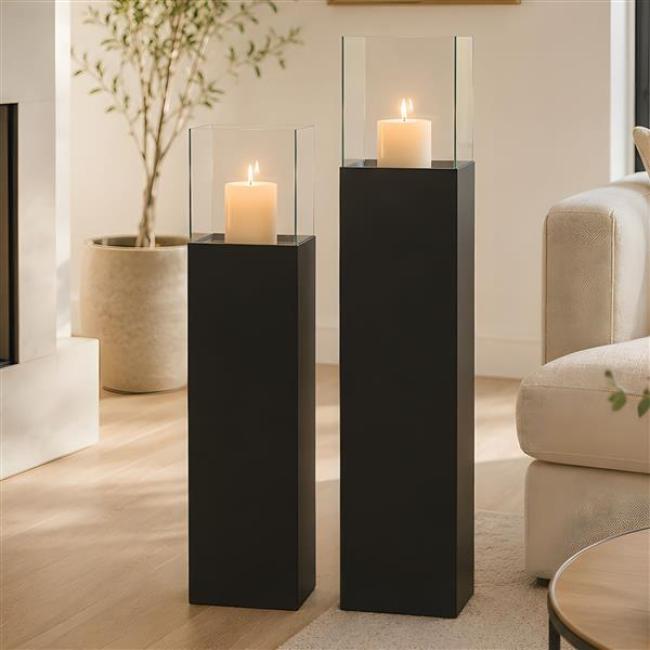 Preview: 2x Windlichtsäule "Black" aus Metall schwarz & Glas, 75 + 90 cm hoch, Kerzenhalter, Kerzenständer, Dekosäule für Wohnzimmer, Boden-Laterne mit Kerzenglas